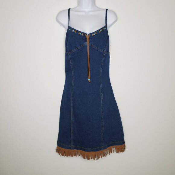 A List By Wrapper Womens Denim Turquoise Beaded Fringe Dress Size M Western Y2K - Picture 1 of 11